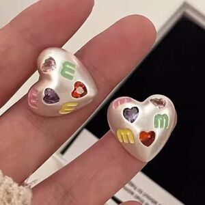 Heart Gemstone Stud Earrings with Colorful Enamel Accents